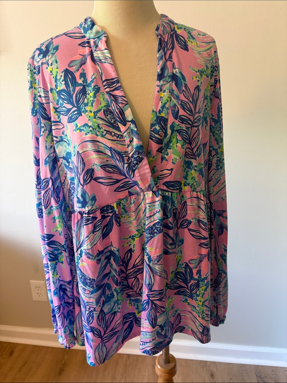 Lilly Pulitzer Pink Floral V-Neck Tunic with Blue & Green Print